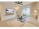 Relaxing living room with a comfy white couch, a TV, and a sliding door to a cozy outdoor space at 2913 Suncoast Plains Dr, Odessa, FL 33556