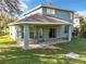Covered back porch with chairs, a ceiling fan, and sliding glass doors to the inside at 5009 Clover Mist Dr, Apollo Beach, FL 33572