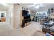 Second story carpeted bonus room with wall-mounted TV, media center, and built-in display shelves at 5009 Clover Mist Dr, Apollo Beach, FL 33572