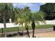 Landscaped front yard with palm trees, a white fence, a black iron fence and grassy lawn at 3680 Whiting Se Dr, St Petersburg, FL 33705