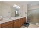 Bathroom with double sinks, wooden cabinets, a large mirror, and a walk-in shower with glass doors at 11402 Peckham Pl, Tampa, FL 33625
