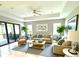 Spacious living room with tray ceilings, neutral tones, and sliding glass doors to the lanai area at 2729 Gabel Oak Dr, North Port, FL 34289