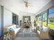 Cozy sunroom with comfortable wicker furniture, ceiling fan and beautiful outdoor views at 142 Broadmoor Ln, Rotonda West, FL 33947