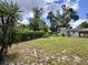 Lush backyard with grass and trees near white block fence and shed at 5627 Oakland Dr, Tampa, FL 33617