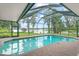 Screened pool with brick patio, overlooking the lake and lush landscaping at 15007 Laurel Cove Cir, Odessa, FL 33556