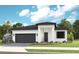 Modern home showcasing a clean white facade, dark roof, complemented by a well-manicured lawn and landscaping at 14375 Hammock Oak St, Parrish, FL 34219