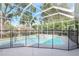 View of the fenced-in pool from the screened patio, featuring a spa and lush landscaping beyond at 11019 Pine Lilly Pl, Lakewood Ranch, FL 34202