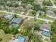 An aerial view shows a quiet residential street lined with attractive homes and mature trees at 5078 Kenmore St, Spring Hill, FL 34608