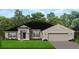 Charming one-story home featuring a gray exterior, black roof, manicured lawn, and attached two-car garage at 423 Tryon Cir, Spring Hill, FL 34606