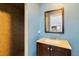 Cozy bathroom features a single vanity, tile shower, a framed mirror, and blue walls at 4318 River Birch Dr, Spring Hill, FL 34607