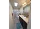 Bathroom featuring a skylight, a shower with leaf-patterned curtain, and dark cabinets at 8343 Fantasia Park Way, Riverview, FL 33578