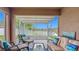 Relaxing screened-in patio features comfortable seating with views of the backyard and community at 6812 Gideon Cir, Zephyrhills, FL 33541
