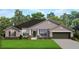 Inviting single-story home featuring manicured lawn, gray siding, dark roof, and an attached two-car garage at 14351 Carolina Chickadee Rd, Weeki Wachee, FL 34614