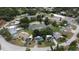 Wide aerial view of a neighborhood featuring a central pond, tree coverage, and variety of single-Gathering homes at 5728 Colonial Dr, New Port Richey, FL 34653