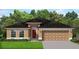 Tan single-story home featuring a 2-car garage, neutral trim, and a well-manicured lawn with flowering bushes at 5504 Ocean Breeze Dr, Spring Hill, FL 34609