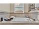 Soaking tub with window and tile surround at 11928 Frost Aster Dr, Riverview, FL 33579