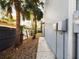 Side exterior view featuring a walkway, palm trees, and gray siding with electrical boxes at 1793 N Fort Harrison Ave, Clearwater, FL 33755