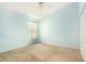 Bedroom features carpet, a window with patterned curtains, and a double closet at 11924 Northumberland Dr, Tampa, FL 33626