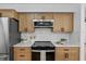 Modern kitchen with stainless steel appliances, wood cabinets, and stylish backsplash at 1103 Hardwood Dr, Valrico, FL 33596