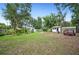Large backyard with a storage shed, lush green grass, and mature trees providing ample shade at 1007 N Wheeler St, Plant City, FL 33563