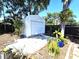 White storage shed surrounded by lush landscaping, blending functionality with backyard charm at 7943 Woodvine Cir, Tampa, FL 33615