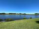 Serene pond view with grassy area and clear blue sky at 7121 River Hammock Dr # 107, Bradenton, FL 34212