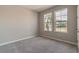 Bright and airy bedroom with carpet floors, neutral paint, two large windows, and a street view at 17126 Savory Mist Cir, Bradenton, FL 34211