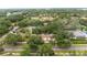 Aerial view of townhomes with mature trees, landscaping, and a nearby pond at 10821 Great Carlisle Ct, Riverview, FL 33578