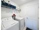 Clean laundry room featuring modern washer, dryer, storage shelves, and door at 12764 Weston Oaks Ln, Riverview, FL 33579