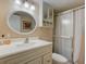 Clean bathroom featuring a shower and a vanity with great lighting at 219 S Mcmullen Booth Rd # 175, Clearwater, FL 33759