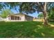 Green backyard featuring a screened-in porch and large shade tree at 19713 Ellendale Dr, Land O Lakes, FL 34638
