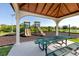 A covered neighborhood playground with multiple slides, swings, and picnic tables near a community pond at 5424 Companion Ln, Tampa, FL 33619