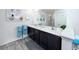 Primary bathroom featuring a double vanity with dark cabinets, bright countertops and decor at 5424 Companion Ln, Tampa, FL 33619