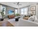 Comfortable living room featuring a plush sofa, stylish decor, large windows, and a ceiling fan at 6062 Jensen View Ave, Apollo Beach, FL 33572