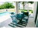 Covered patio features a table and chairs next to a beautiful pool and well-manicured lawn at 12236 Fairlawn Dr, Riverview, FL 33579