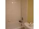 Neutral bathroom features a toilet and tiled shower-tub combination at 10308 Soaring Eagle Dr, Riverview, FL 33578