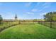 Expansive backyard featuring lush green grass, manicured landscaping, and a sleek black fence at 6288 Winding Pine Dr, Nokomis, FL 34275