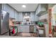 Kitchen featuring stainless appliances, gray cabinets, tile backsplash, and decorative accents at 2601 Upton S St, Gulfport, FL 33711