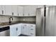 Modern kitchen features stainless steel appliances, granite countertops, and sleek white cabinetry at 4546 Ontario Dr, New Port Richey, FL 34652