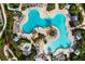 Overhead shot of an aqua blue resort style pool surrounded by lounge chairs, greenery, and umbrellas at 3255 Hilltop Cir, Bradenton, FL 34211