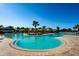 Close up of an outdoor swimming pool featuring sun loungers, umbrellas and palm trees at 3255 Hilltop Cir, Bradenton, FL 34211