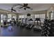 Well-equipped fitness center features treadmills, ellipticals, weights, and ceiling fans at 2220 Kings Palace Dr, Riverview, FL 33578