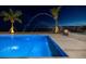 Night view of a luxurious pool and patio area with palm trees and water features at 96 Martinique Ave, Tampa, FL 33606