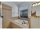 Bathroom with soaking tub, shower, and stone pebble flooring at 20026 Heritage Point Dr, Tampa, FL 33647