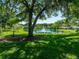 Community with pond, fountain, lush trees, and homes at 12215 Woodlands Cir, Dade City, FL 33525