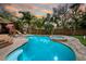 Backyard pool and jacuzzi with brick paver surround and lush tropical landscaping at 5002 W Homer Ave, Tampa, FL 33629