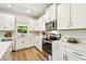 Clean kitchen with white cabinets, stainless steel appliances, and a view from a window at 7201 S De Soto St, Tampa, FL 33616