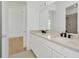 Modern bathroom with double vanity and a large mirror at 8328 Golden Beach Ct, Parrish, FL 34219