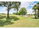 Landscaped backyard with mature trees and pond view at 1013 Emerald Dunes Dr, Sun City Center, FL 33573
