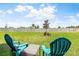 Spacious backyard with grassy lawn, two teal chairs, and a small table at 31807 Blue Passing Loop, Wesley Chapel, FL 33545